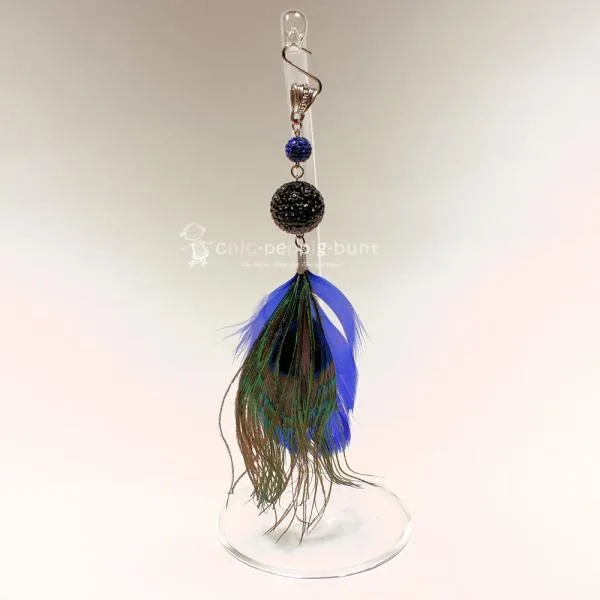 Kettenanhänger Pfauenfelder blau Strassperle schwarz - kettenanhaenger strass perle schwarz pfauenfeder blau glitzer